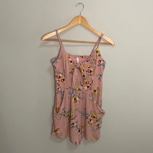 Romper ,womens SMALL, shorts, adjustable straps pink with yellow/blue flowers